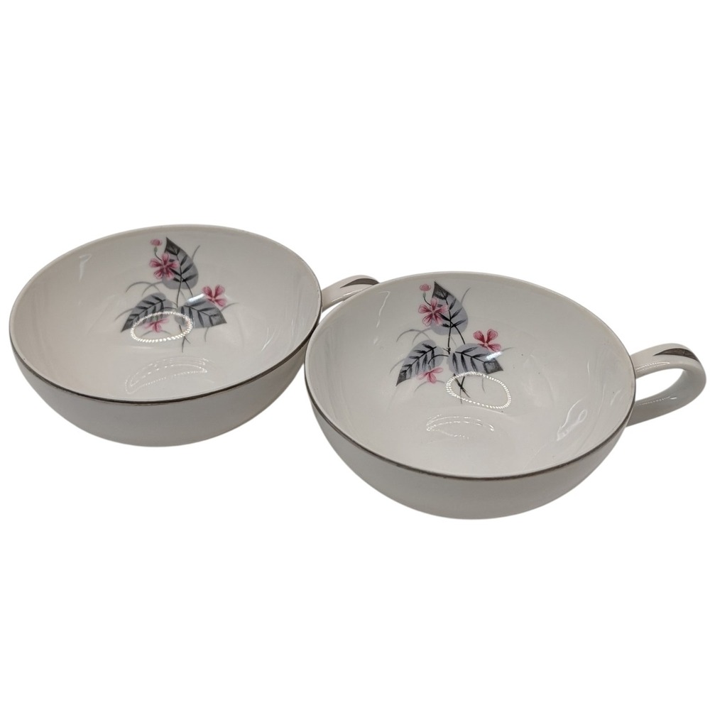 Vintage Narumi Teacups Lyric  Pink Gray Flower Bone China Mid Century Set of Two